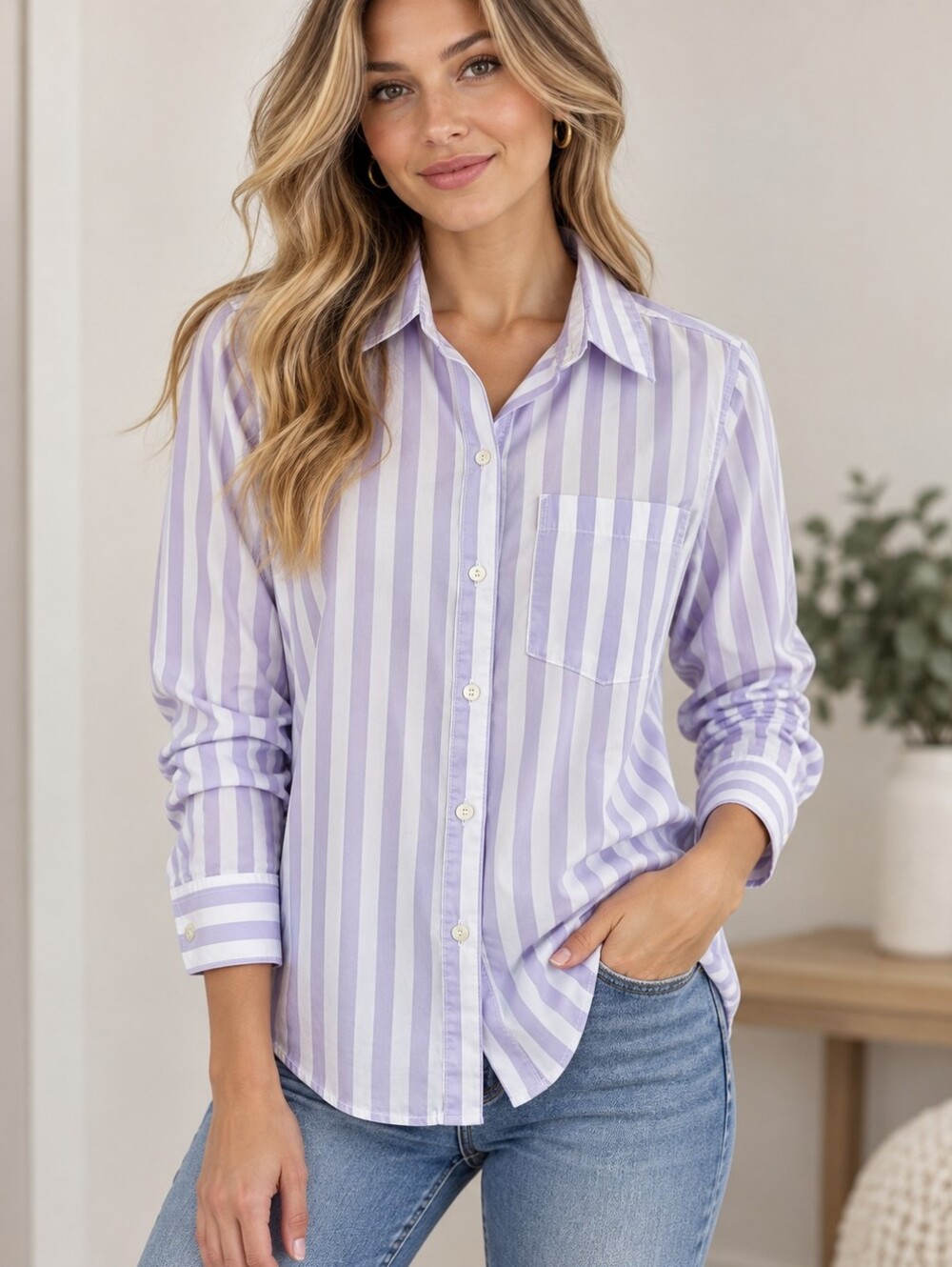 Lola River Lavender Striped Tencel Button-Up Shirt
